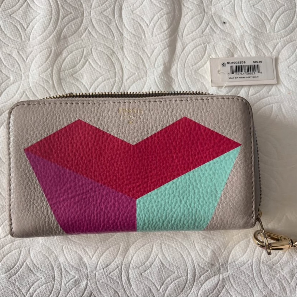 NWT fossil  Gray Zip-Around Wallet with Pink & Mint Geometric Accent